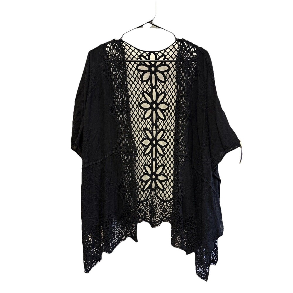 Women One Size Cover Up Poncho Black Sheer Embroidered Open Floral 40X30”